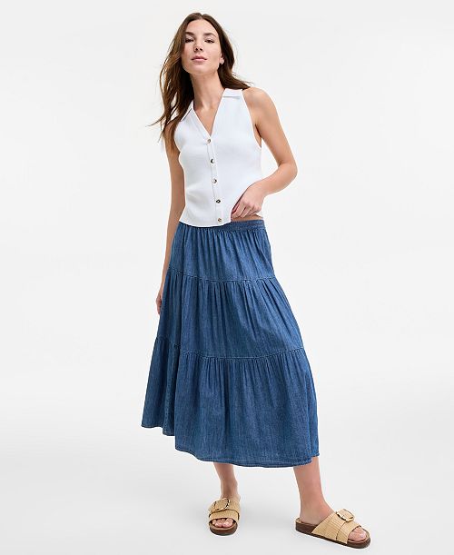alfani Nautica Jeans Women's Three-Tiered Chambray Midi Skirt Women's Fashion Shoes & Accessories