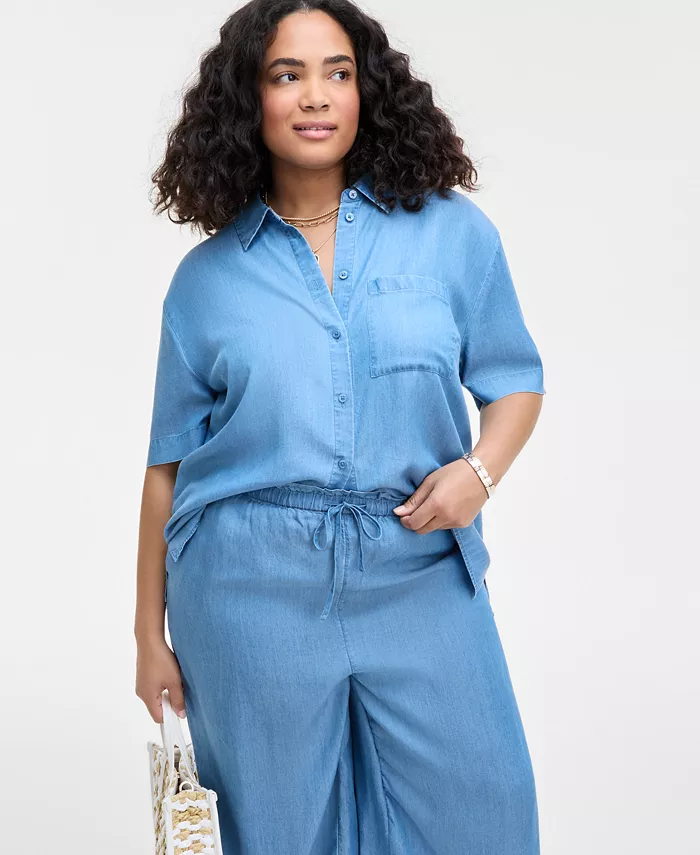 Alfani On 34th Trendy Plus Size Chambray Short-Sleeve Shirt & Chambray Drawstring Pants Exclusively At Macy's Women's Fashion Shoes & Accessories