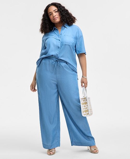 alfani On 34th Trendy Plus Size Chambray Short-Sleeve Shirt & Chambray Drawstring Pants Exclusively at Macy's Women's Fashion Shoes & Accessories