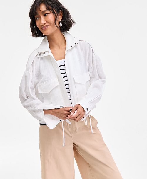 alfani On 34th Women's Cotton Gauze Cropped Jacket Exclusively at Macy's Women's Fashion Shoes & Accessories