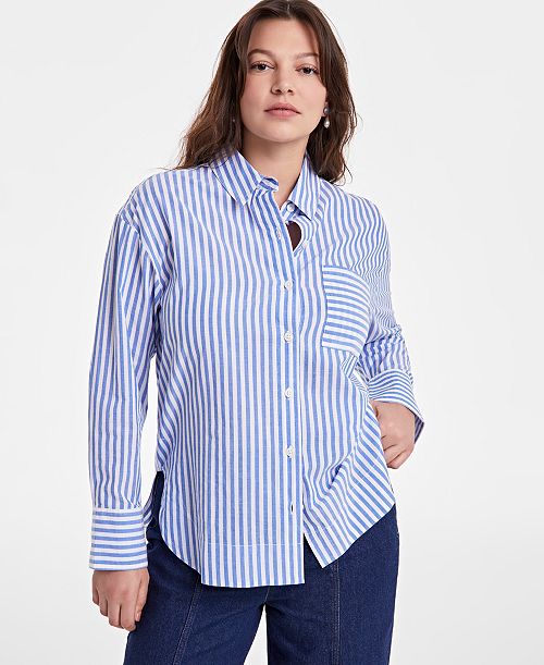 alfani On 34th Women's Cotton Striped Button-Front Shirt Exclusively at Macy's Women's Fashion Shoes & Accessories
