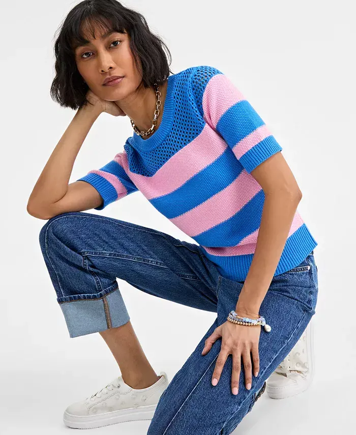 Alfani On 34th Women's Cotton Striped Perforated-Stitch Sweater Exclusively At Macy's Women's Fashion Shoes & Accessories