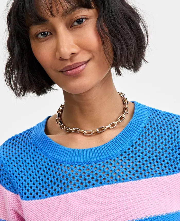 Alfani On 34th Women's Cotton Striped Perforated-Stitch Sweater Exclusively At Macy's Women's Fashion Shoes & Accessories
