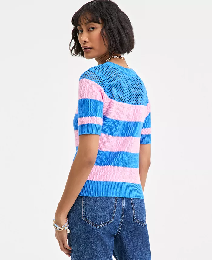 Alfani On 34th Women's Cotton Striped Perforated-Stitch Sweater Exclusively At Macy's Women's Fashion Shoes & Accessories