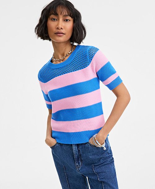 alfani On 34th Women's Cotton Striped Perforated-Stitch Sweater Exclusively at Macy's Women's Fashion Shoes & Accessories