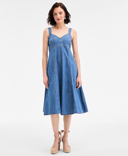alfani On 34th Women's Denim Sweetheart-Neck Midi Dress Exclusively at Macy's Women's Fashion Shoes & Accessories
