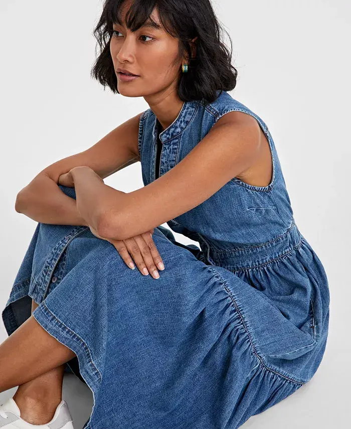Alfani On 34th Women's Denim Tiered Midi Dress Created For Macy's Women's Fashion Shoes & Accessories