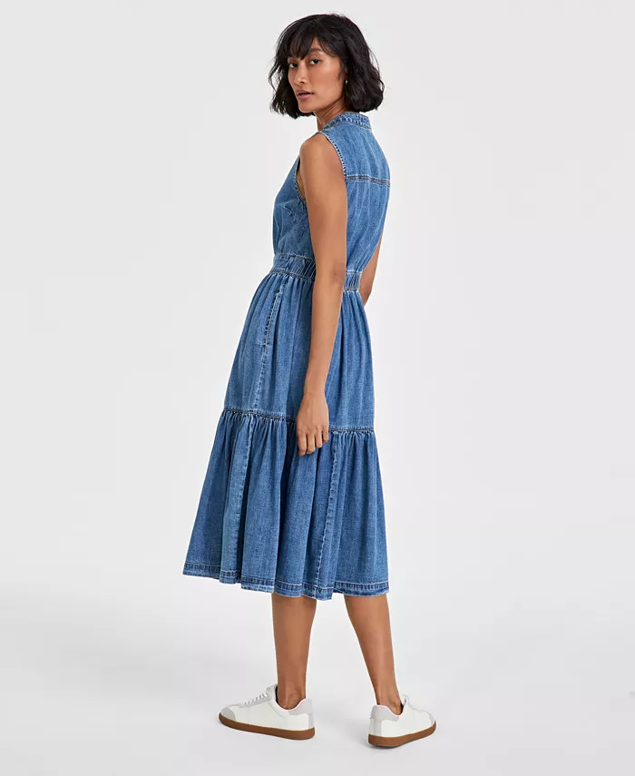 Alfani On 34th Women's Denim Tiered Midi Dress Created For Macy's Women's Fashion Shoes & Accessories