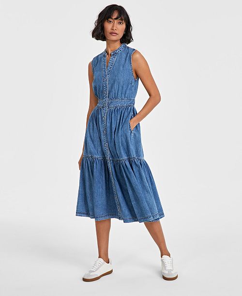 alfani On 34th Women's Denim Tiered Midi Dress Created for Macy's Women's Fashion Shoes & Accessories