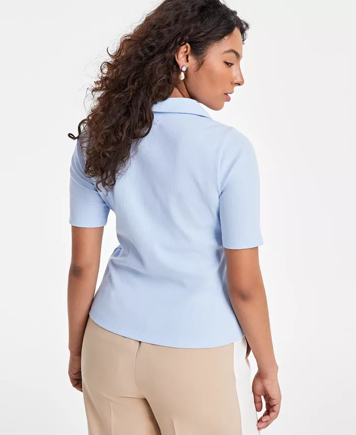 Alfani On 34th Women's Elbow-Sleeve Ribbed Polo Top Exclusively At Macy's Women's Fashion Shoes & Accessories