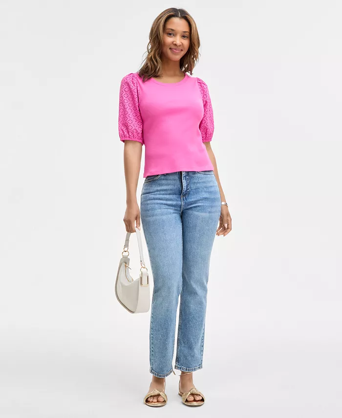 Alfani On 34th Women's Eyelet-Sleeve Rib-Knit Top Exclusively At Macy's Women's Fashion Shoes & Accessories