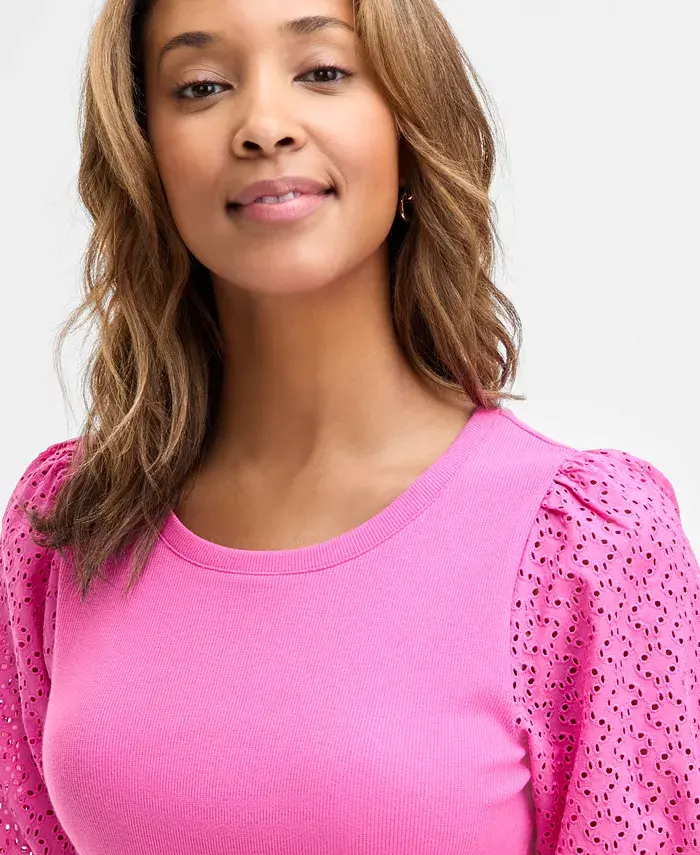 Alfani On 34th Women's Eyelet-Sleeve Rib-Knit Top Exclusively At Macy's Women's Fashion Shoes & Accessories
