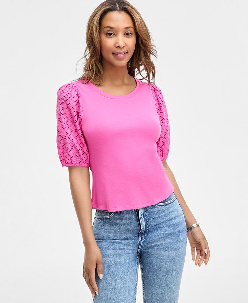 alfani On 34th Women's Eyelet-Sleeve Rib-Knit Top Exclusively at Macy's Women's Fashion Shoes & Accessories