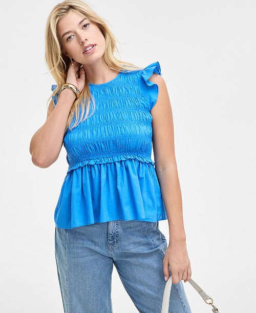 alfani On 34th Women's Flutter-Sleeve Smocked Peplum Top Exclusively at Macy's Women's Fashion Shoes & Accessories