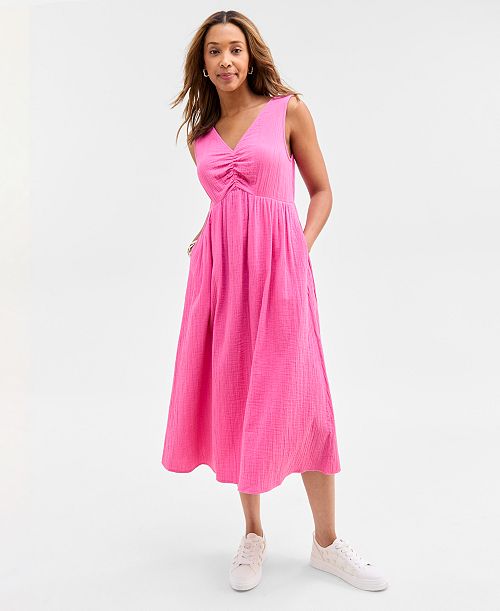 alfani On 34th Women's Gauze Double V-neck Empire Midi Dress Exclusively at Macy's Women's Fashion Shoes & Accessories