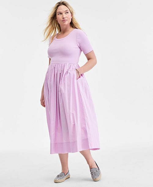 On 34th Women's Mixed-Media Short-Sleeve Midi Dress Exclusively at Macy's Women's Fashion Shoes & Accessories