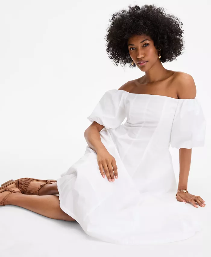Alfani On 34th Women's Off-The-Shoulder Puff-Sleeve Midi Dress Exclusively At Macy's Women's Fashion Shoes & Accessories