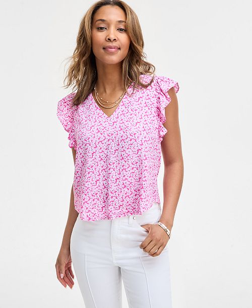 alfani On 34th Women's Printed Ruffle V-Neck Top Exclusively at Macy's Women's Fashion Shoes & Accessories
