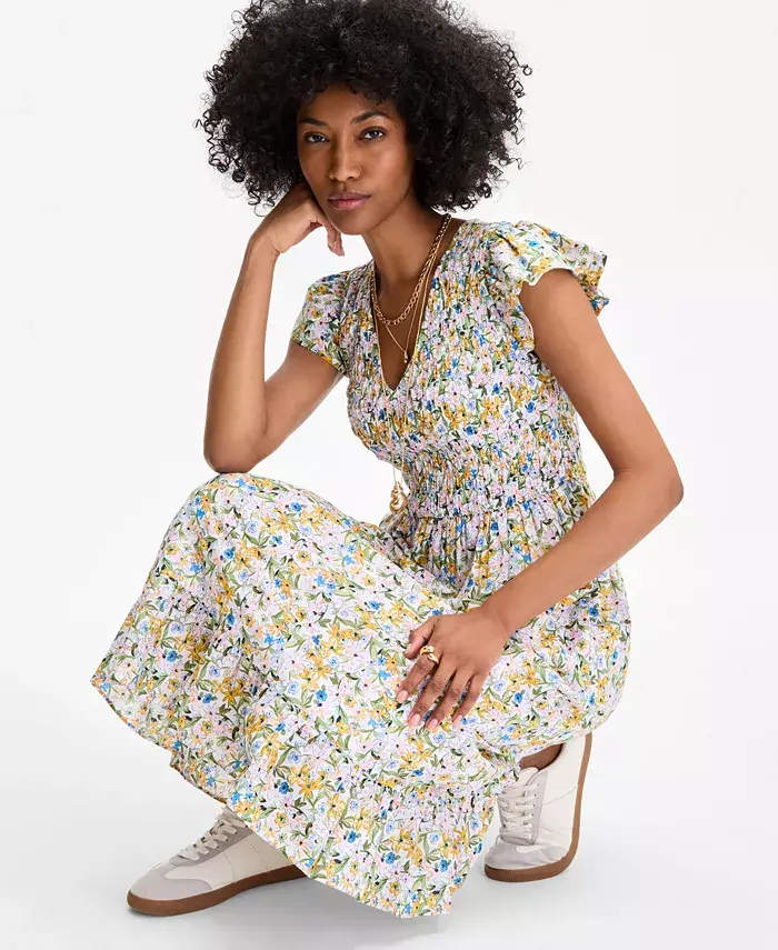 Alfani On 34th Women's Printed Smocked Flutter-Sleeve Midi Dress Exclusively At Macy's Women's Fashion Shoes & Accessories