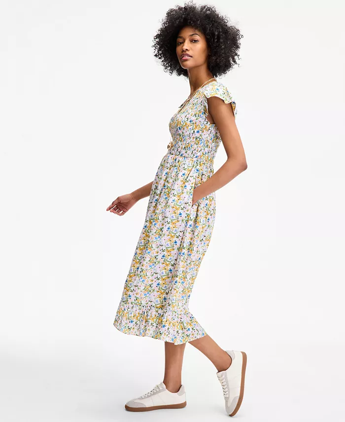 Alfani On 34th Women's Printed Smocked Flutter-Sleeve Midi Dress Exclusively At Macy's Women's Fashion Shoes & Accessories