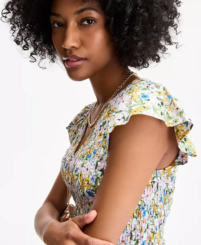 Alfani On 34th Women's Printed Smocked Flutter-Sleeve Midi Dress Exclusively At Macy's Women's Fashion Shoes & Accessories