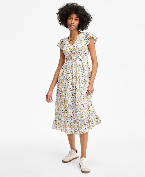 alfani On 34th Women's Printed Smocked Flutter-Sleeve Midi Dress Exclusively at Macy's Women's Fashion Shoes & Accessories