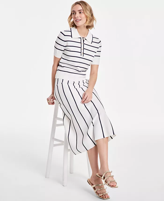 Alfani On 34th Women's Rib Stripe Polo Sweater & Knit Midi Skirt Exclusively At Macy's Women's Fashion Shoes & Accessories