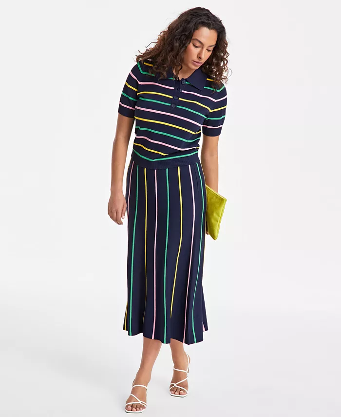 Alfani On 34th Women's Rib Stripe Polo Sweater & Knit Midi Skirt Exclusively At Macy's Women's Fashion Shoes & Accessories