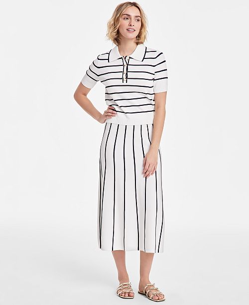 alfani On 34th Women's Rib Stripe Polo Sweater & Knit Midi Skirt Exclusively at Macy's Women's Fashion Shoes & Accessories