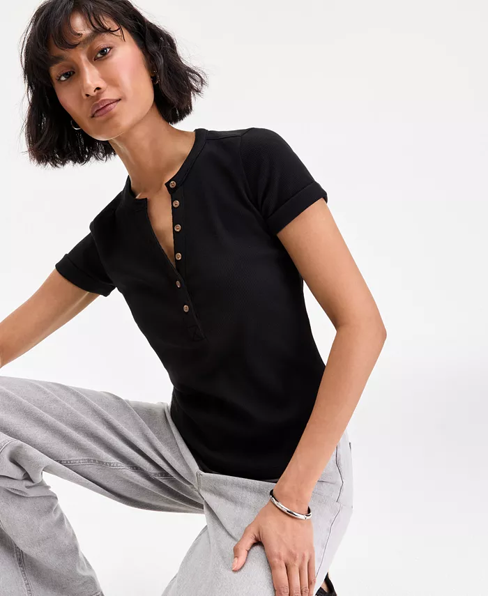 Alfani On 34th Women's Roll Cuff Rib-Knit Henley T-Shirt Exclusively At Macy's Women's Fashion Shoes & Accessories