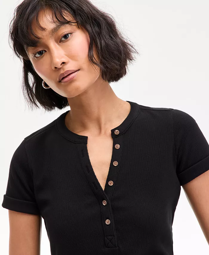 Alfani On 34th Women's Roll Cuff Rib-Knit Henley T-Shirt Exclusively At Macy's Women's Fashion Shoes & Accessories