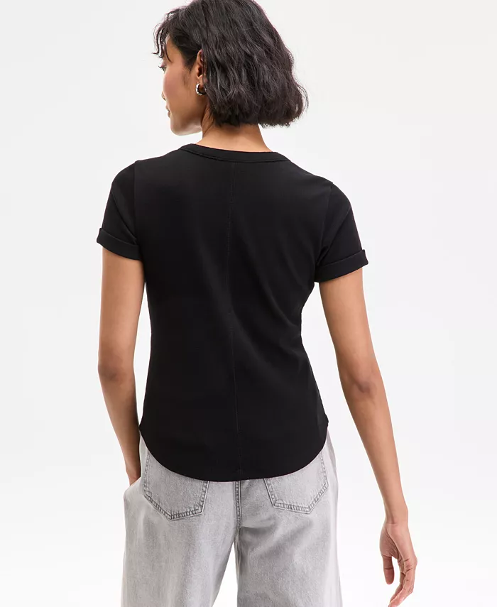 Alfani On 34th Women's Roll Cuff Rib-Knit Henley T-Shirt Exclusively At Macy's Women's Fashion Shoes & Accessories