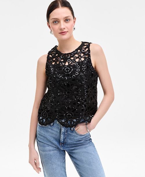 alfani On 34th Women's Sequin Crochet Scallop-Hem Tank Exclusively at Macy's Women's Fashion Shoes & Accessories