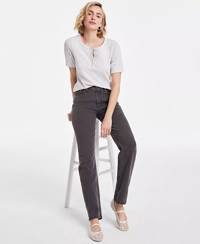 Alfani On 34th Women's Short Sleeve Ribbed Henley Tee Exclusively At Macy's Women's Fashion Shoes & Accessories
