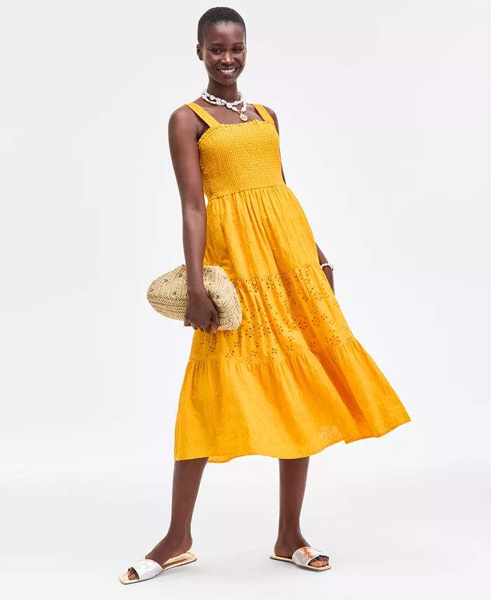 Alfani On 34th Women's Smocked Embroidered Eyelet Midi Dress Exclusively At Macy's Women's Fashion Shoes & Accessories