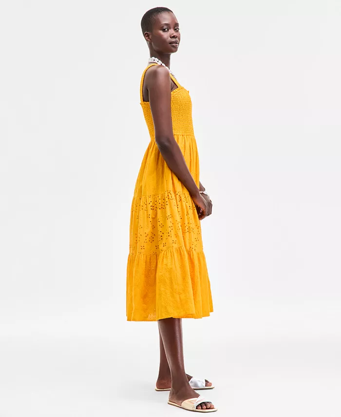 Alfani On 34th Women's Smocked Embroidered Eyelet Midi Dress Exclusively At Macy's Women's Fashion Shoes & Accessories