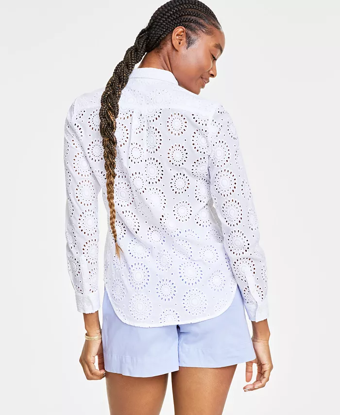 Alfani On 34th Women's Solid Eyelet Button-Up Shirt Created For Macy's Women's Fashion Shoes & Accessories