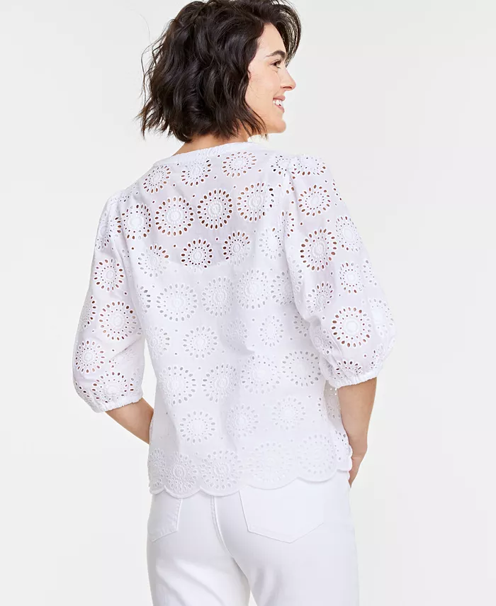 Alfani On 34th Women's Solid Eyelet Puff-Sleeve Blouse Created For Macy's Women's Fashion Shoes & Accessories