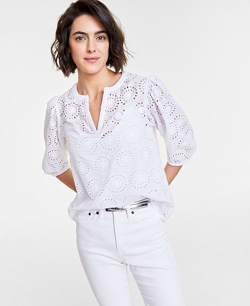 alfani On 34th Women's Solid Eyelet Puff-Sleeve Blouse Created for Macy's Women's Fashion Shoes & Accessories