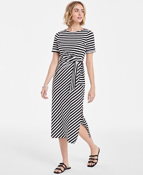 alfani On 34th Women's Striped Tie-Waist Midi Dress Exclusively at Macy's Women's Fashion Shoes & Accessories