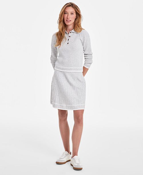 alfani On 34th Women's Tipped Long-Sleeve Polo Sweater & Tipped Knit Skirt Exclusively at Macy's Women's Fashion Shoes & Accessories