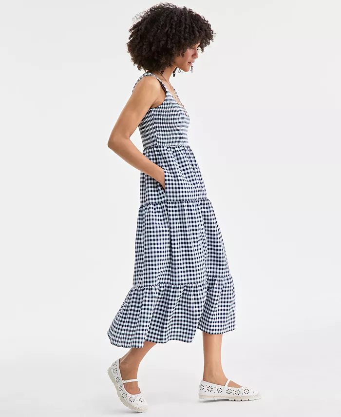 Alfani On 34th Women's Woven Gingham Tiered Scoop-Neck Tank Midi Dress Exclusively At Macy's Women's Fashion Shoes & Accessories