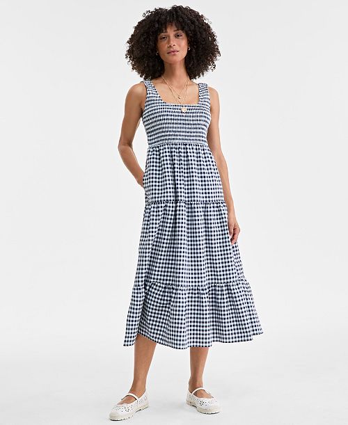 alfani On 34th Women's Woven Gingham Tiered Scoop-Neck Tank Midi Dress Exclusively at Macy's Women's Fashion Shoes & Accessories
