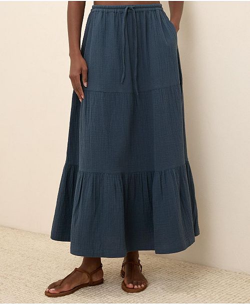 alfani Pact Women's Organic Cotton Coastal Double Gauze Tiered Maxi Skirt Women's Fashion Shoes & Accessories