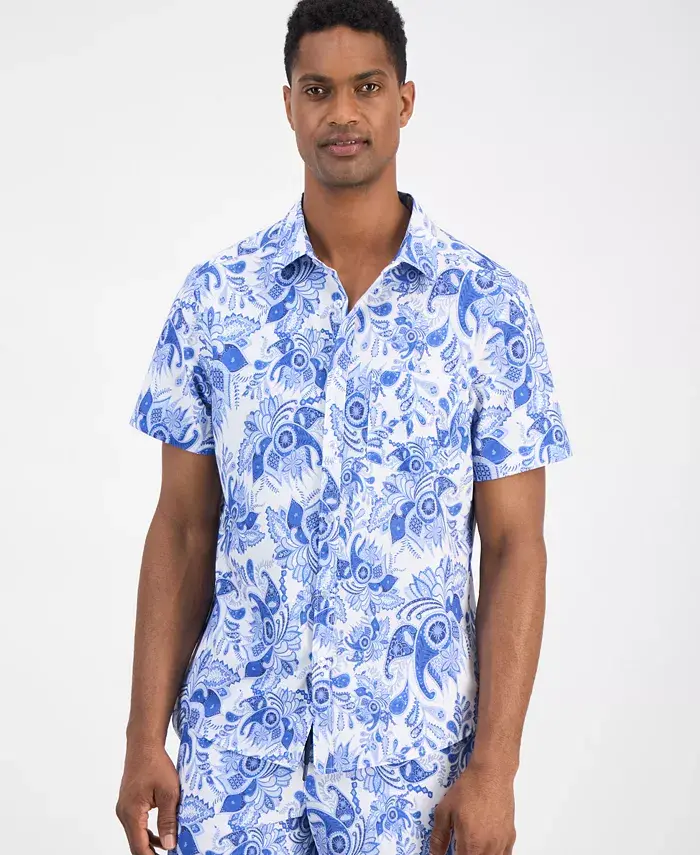 Alfani Paisley & Gray Men's Indigo And White Paisley Swim Shirt & 6" Swim Trunks Men's Fashion & Accessories