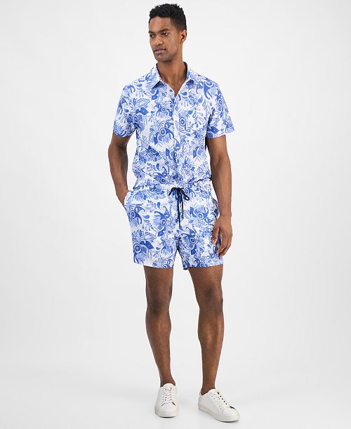 alfani Paisley & Gray Men's Indigo and White Paisley Swim Shirt & 6" Swim Trunks Men's Fashion & Accessories