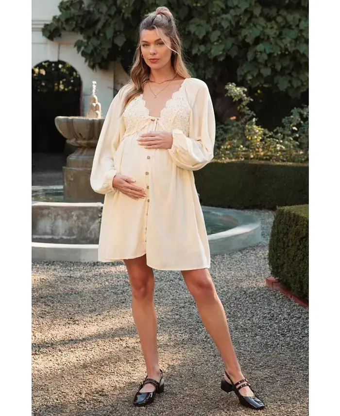 Alfani Pinkblush Maternity Beige Crochet Lace Button Front Dress Women's Fashion Shoes & Accessories