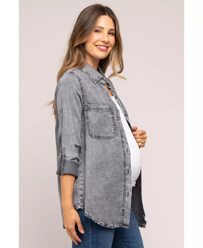 Alfani Pinkblush Maternity Charcoal Chambray Rolled Cuff Shirt Women's Fashion Shoes & Accessories