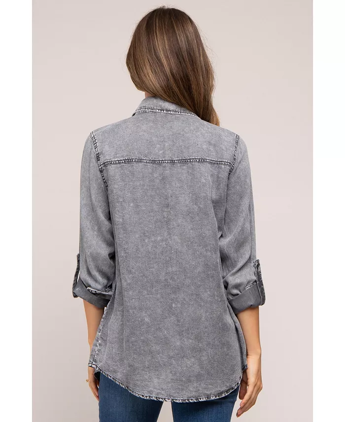 Alfani Pinkblush Maternity Charcoal Chambray Rolled Cuff Shirt Women's Fashion Shoes & Accessories