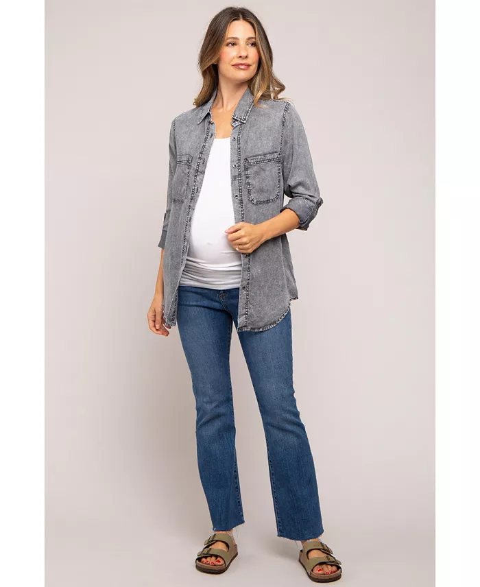 Alfani Pinkblush Maternity Charcoal Chambray Rolled Cuff Shirt Women's Fashion Shoes & Accessories